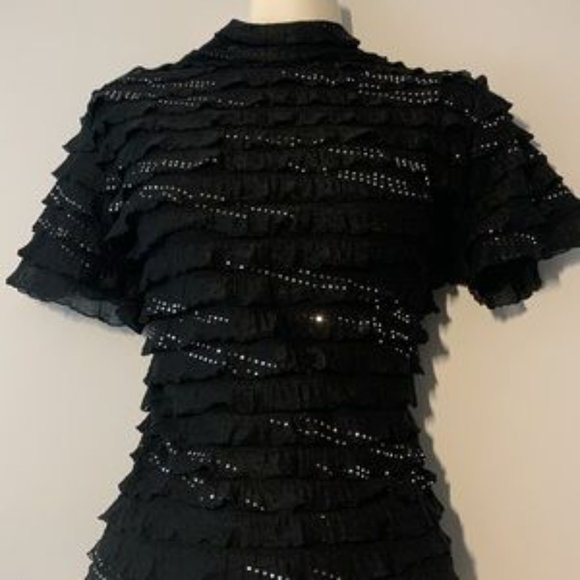 Petite TanJay Shimmer Ruffle Black Top - Picture 2 of 9